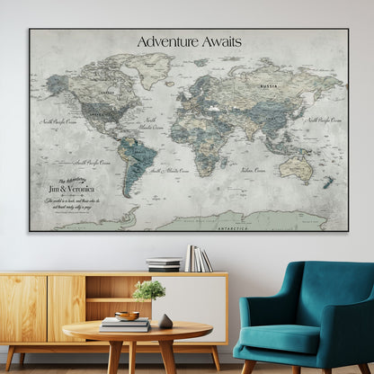 Customize Push Pin World Map Wall Canvas Print – Personalized Travel Tracker with Pins – Framed Custom Quotie Canvas for Home Office Decor