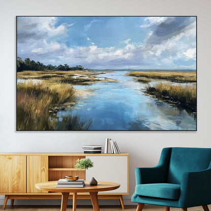 A beautiful, painterly landscape of a calm river winding through a marsh, with vibrant green grasses and a bright blue sky filled with fluffy clouds.