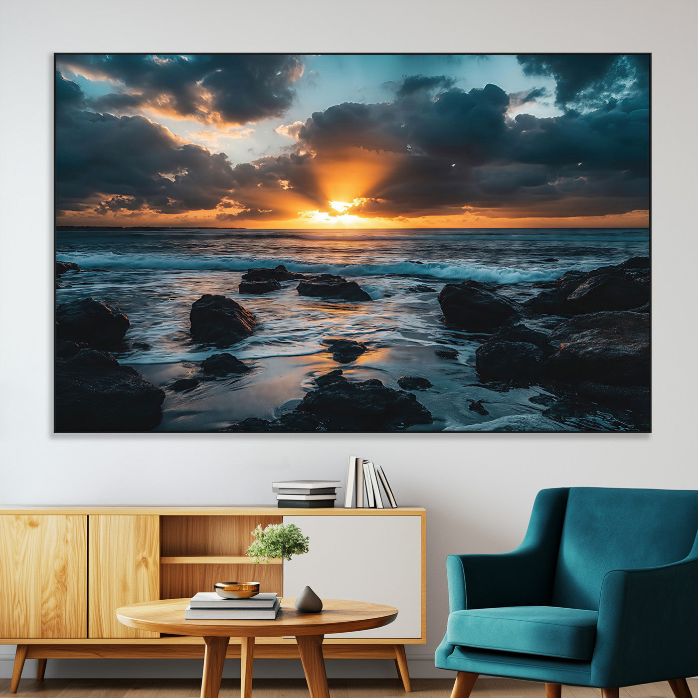 An awe-inspiring sunset over the ocean with rays of light piercing through dramatic clouds, creating a beautiful seascape with rocks in the foreground.