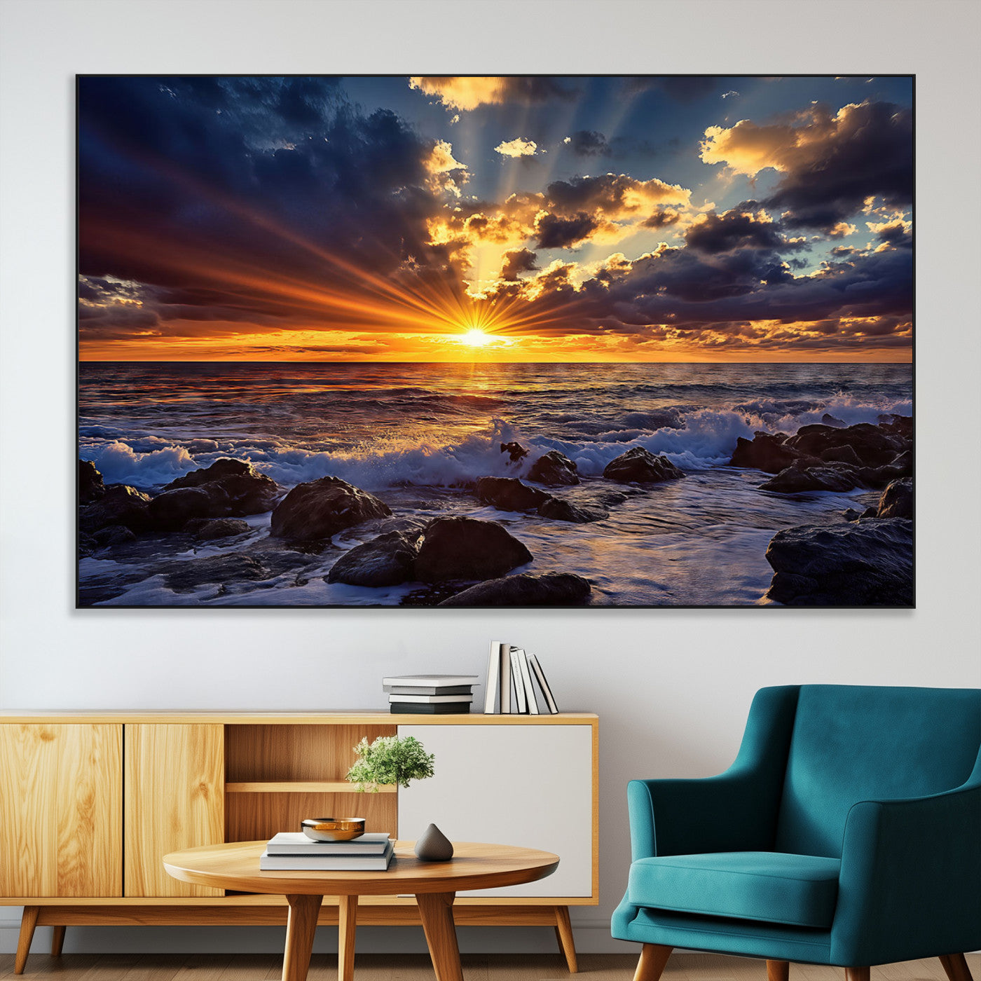 An explosive sunset over the ocean with dramatic clouds and rays of sunlight reflecting off the water, creating a vibrant and captivating view.