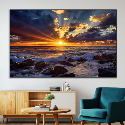 An explosive sunset over the ocean with dramatic clouds and rays of sunlight reflecting off the water, creating a vibrant and captivating view.