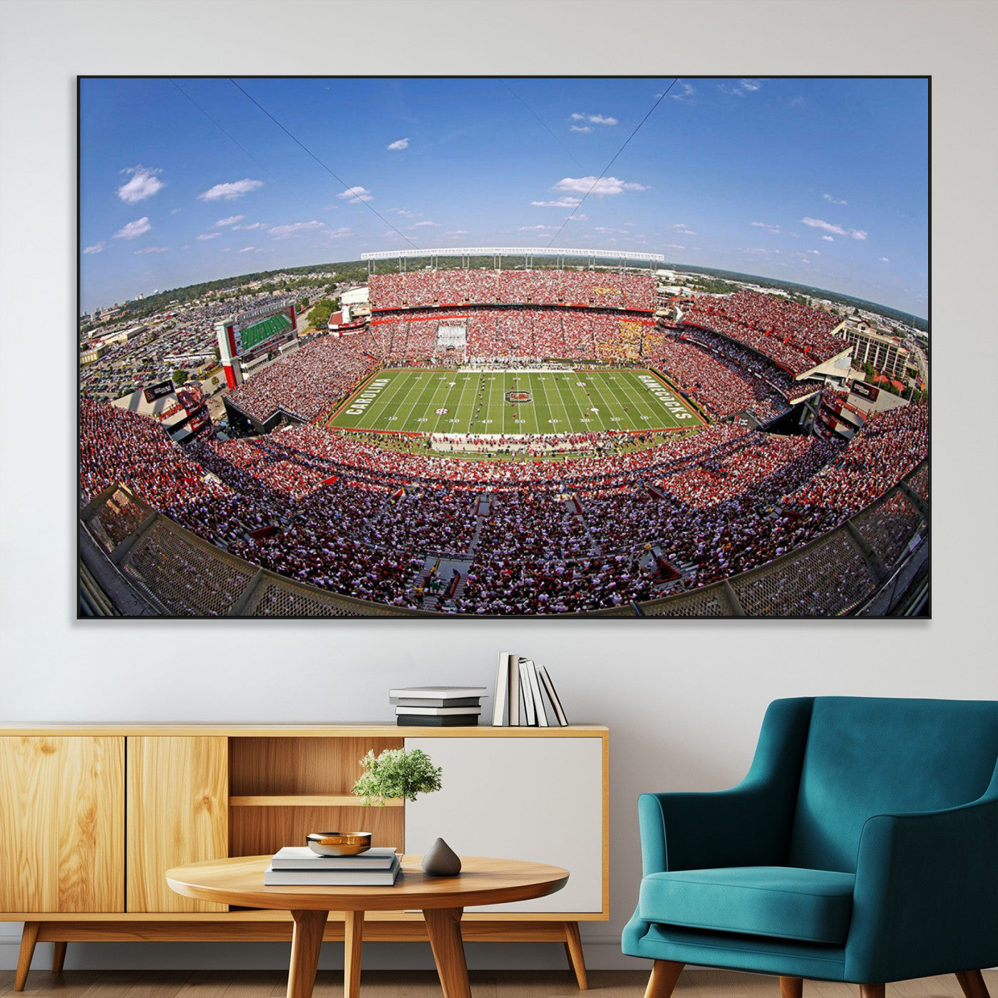 An William Brice-Stadium view of a full football stadium with cheering fans and clear blue skies, capturing the excitement and energy of the game.