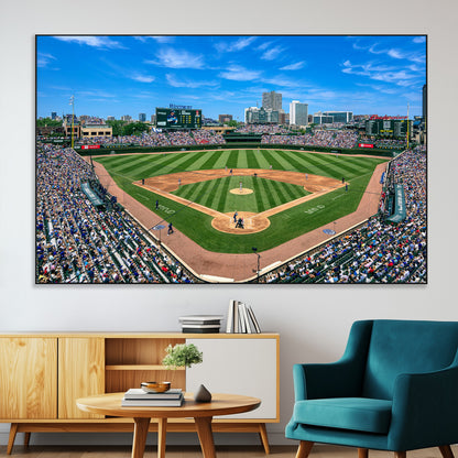 Wrigley Field Baseball Stadium Canvas Wall Art, Packed Crowd Sports Stadium Print, City Skyline Baseball Field Canvas for Game Room Decor