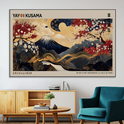 Yayoi Kusama's artwork featuring Mount Fuji, blooming cherry trees, and intricate swirls, blending traditional Japanese elements with vibrant color.