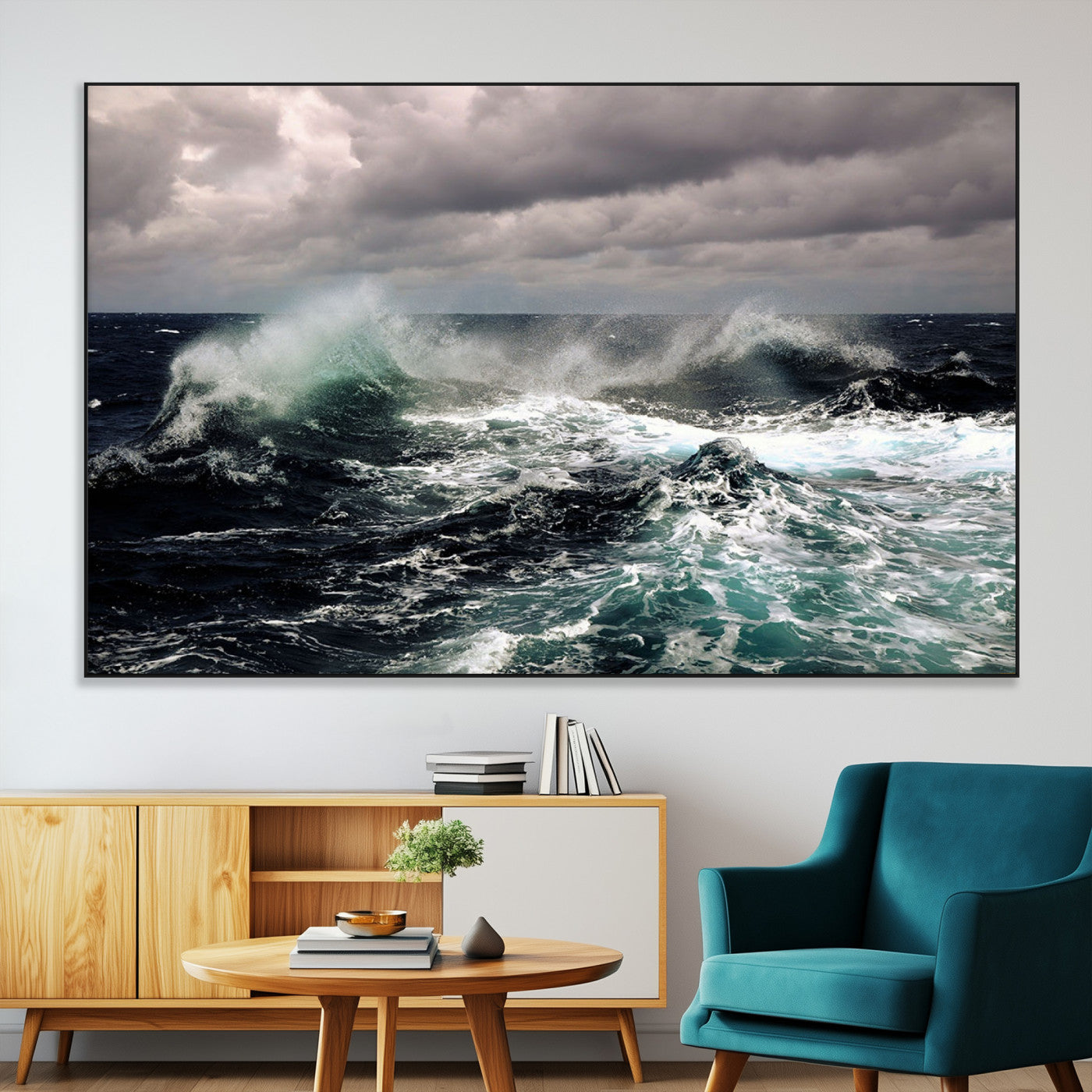 Powerful ocean waves crashing under stormy skies, creating a dynamic and intense seascape.