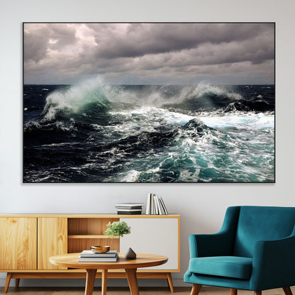 Powerful ocean waves crashing under stormy skies, creating a dynamic and intense seascape.