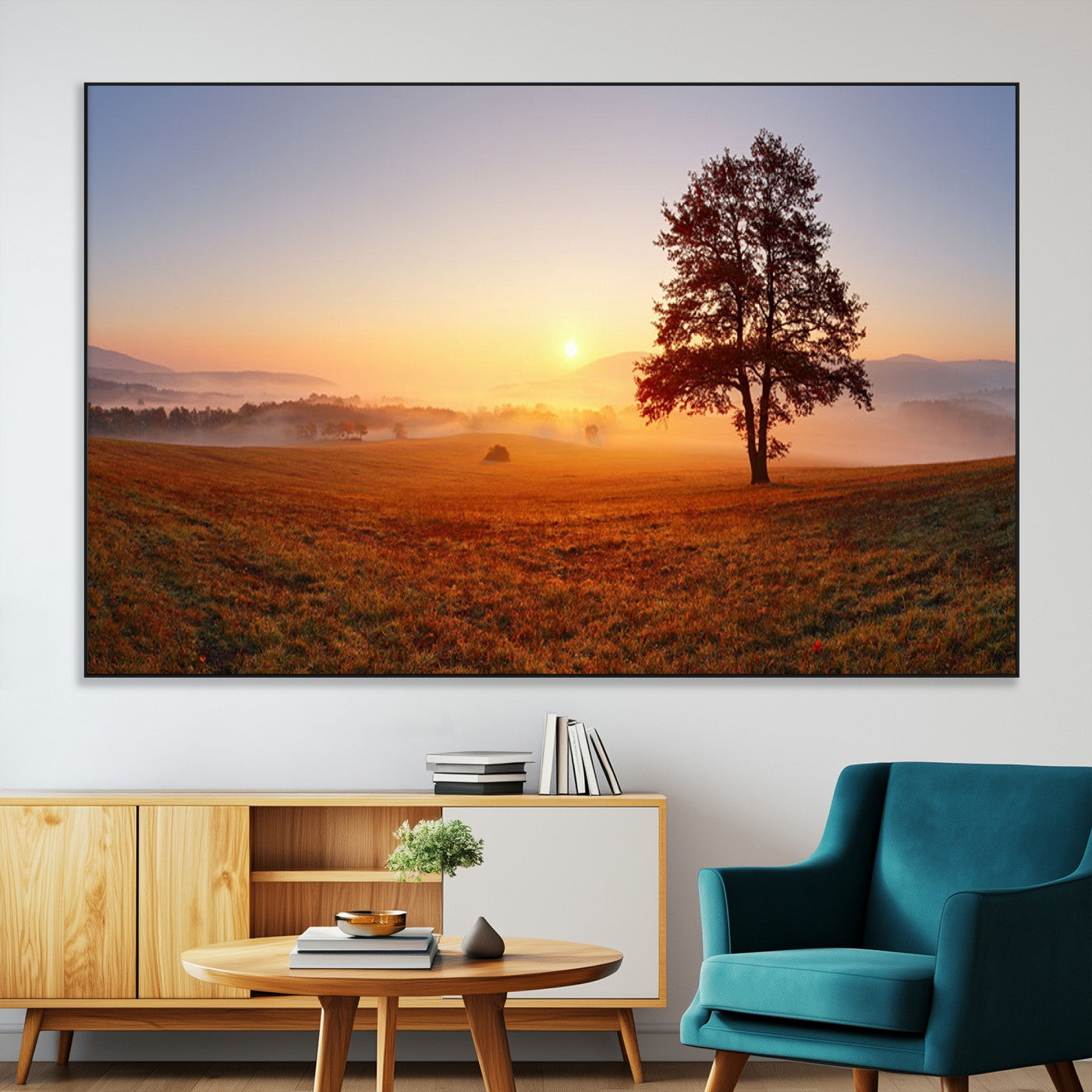 A tranquil landscape at sunrise with a mist-covered field and a lone tree, creating a peaceful and natural atmosphere.