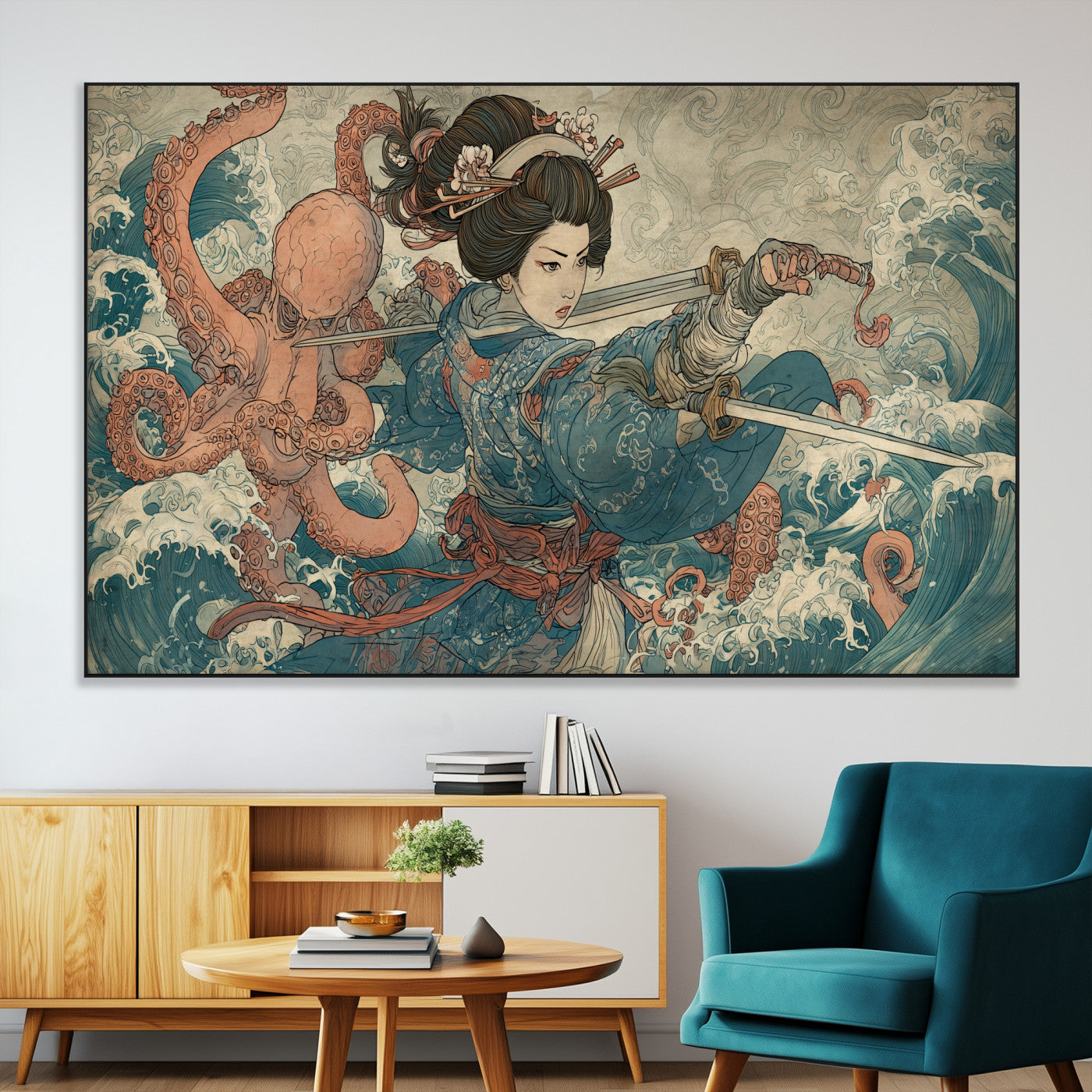 Tsukioka Yoshitoshi Samurai Wall Art Print, Japanese Katana Warrior Canvas Wall Art, Octopus Sea Monster Canvas Print,