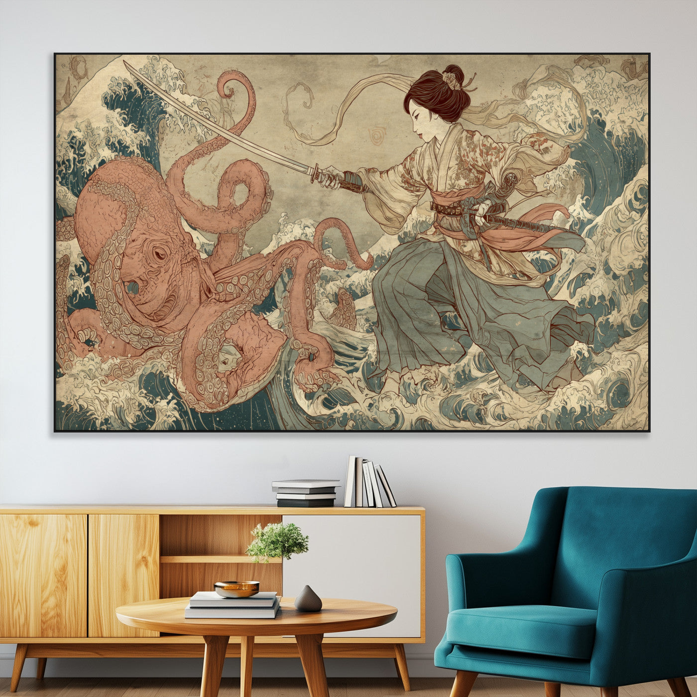 Tsukioka Yoshitoshi Samurai Wall Art Print, Japanese Katana Warrior Canvas Wall Art, Octopus Sea Monster Canvas Print,
