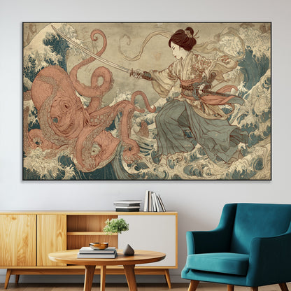 Tsukioka Yoshitoshi Samurai Wall Art Print, Japanese Katana Warrior Canvas Wall Art, Octopus Sea Monster Canvas Print,