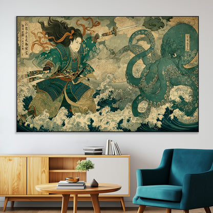 Tsukioka Yoshitoshi Samurai Wall Art Print, Japanese Katana Warrior Canvas Wall Art, Octopus Sea Monster Canvas Print,