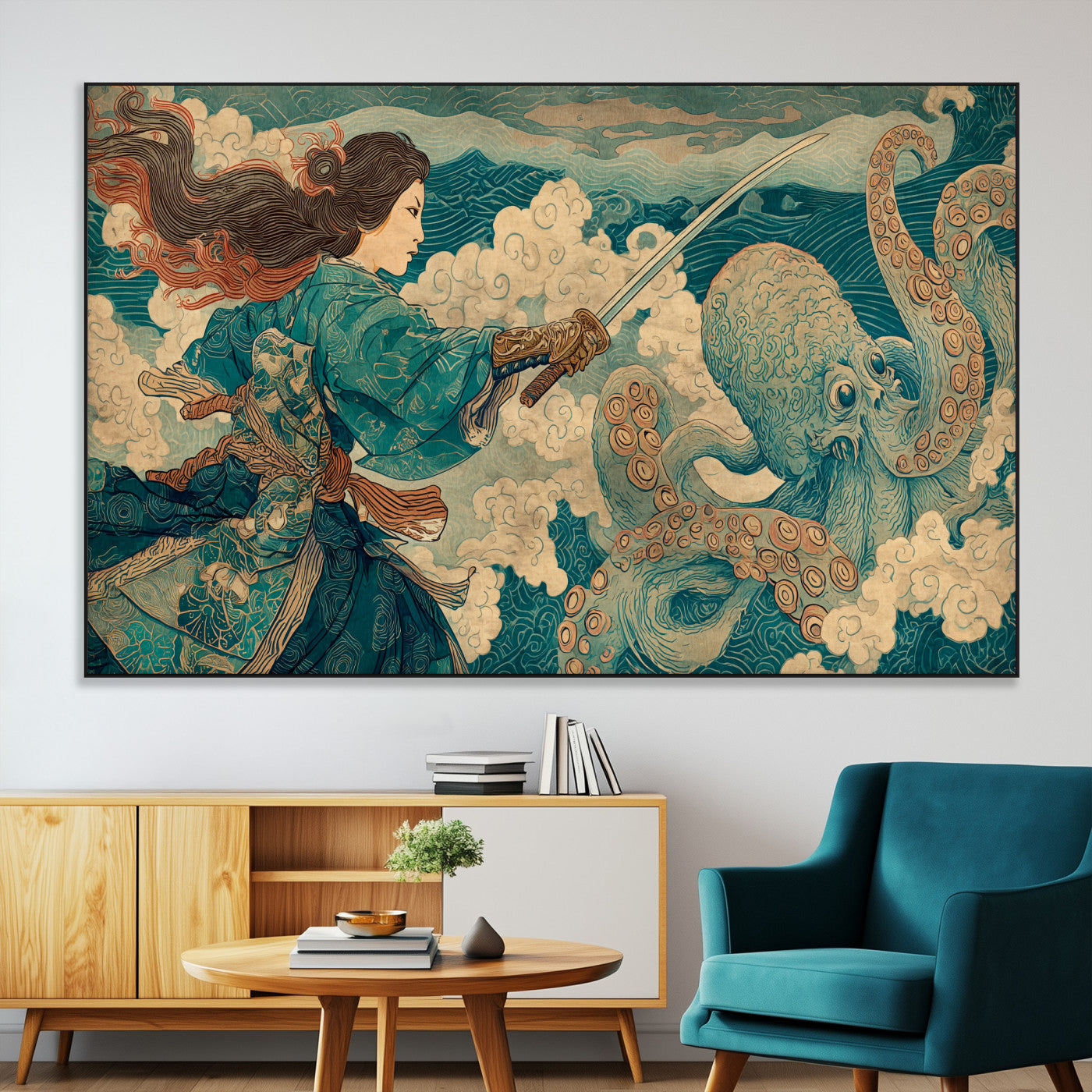 Tsukioka Yoshitoshi Samurai Wall Art Print, Japanese Katana Warrior Canvas Wall Art, Octopus Sea Monster Canvas Print,