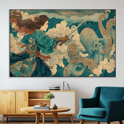 Tsukioka Yoshitoshi Samurai Wall Art Print, Japanese Katana Warrior Canvas Wall Art, Octopus Sea Monster Canvas Print,