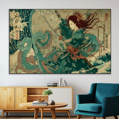 Tsukioka Yoshitoshi Samurai Wall Art Print, Japanese Katana Warrior Canvas Wall Art, Octopus Sea Monster Canvas Print,