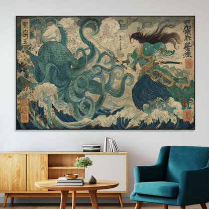 Tsukioka Yoshitoshi Samurai Wall Art Print, Japanese Katana Warrior Canvas Wall Art, Octopus Sea Monster Canvas Print,