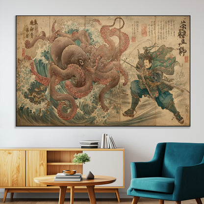 Tsukioka Yoshitoshi Samurai Wall Art Print, Japanese Katana Warrior Canvas Wall Art, Octopus Sea Monster Canvas Print,