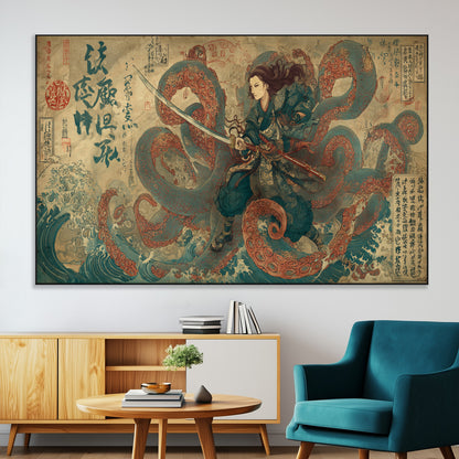 Tsukioka Yoshitoshi Samurai Wall Art Print, Japanese Katana Warrior Canvas Wall Art, Octopus Sea Monster Canvas Print,