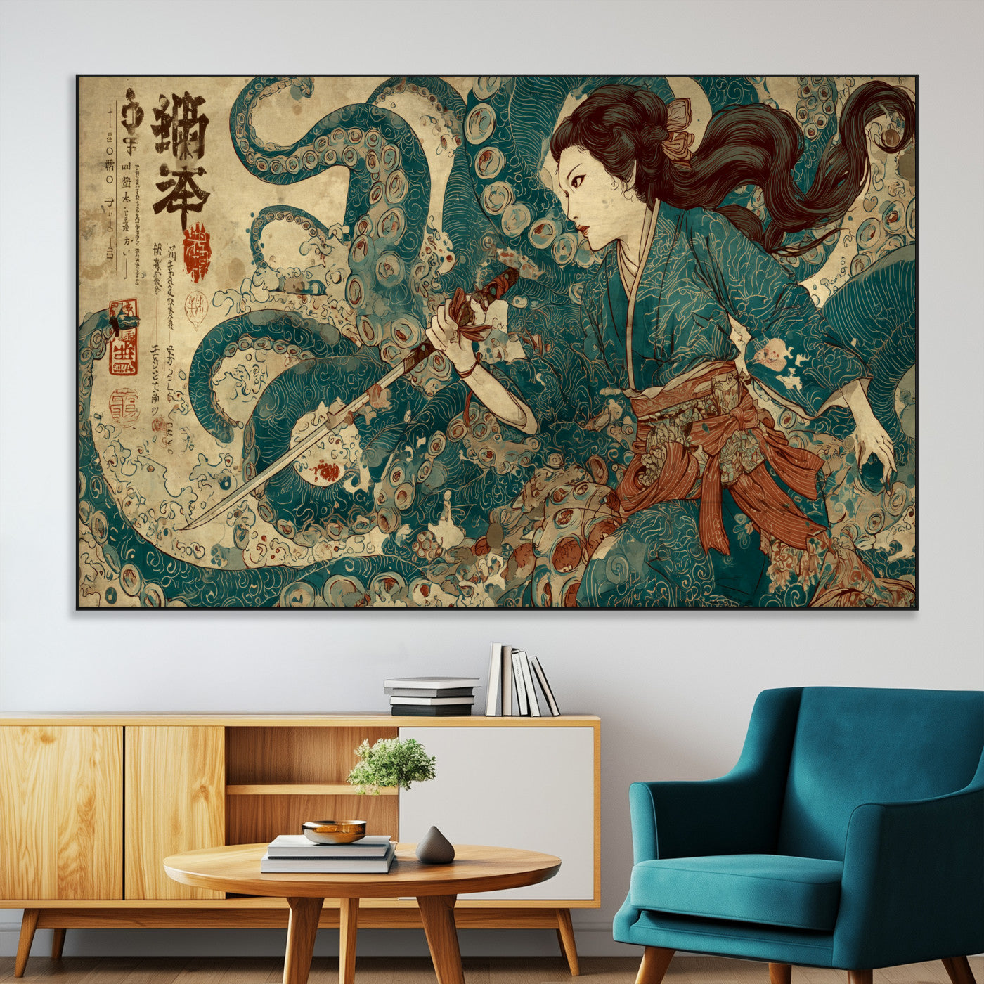 Tsukioka Yoshitoshi Samurai Wall Art Print, Japanese Katana Warrior Canvas Wall Art, Octopus Sea Monster Canvas Print,