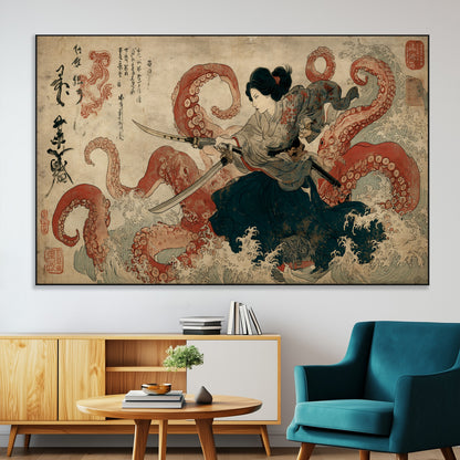 Tsukioka Yoshitoshi Samurai Wall Art Print, Japanese Katana Warrior Canvas Wall Art, Octopus Sea Monster Canvas Print,