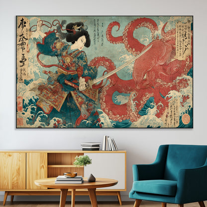 Tsukioka Yoshitoshi Samurai Wall Art Print, Japanese Katana Warrior Canvas Wall Art, Octopus Sea Monster Canvas Print,
