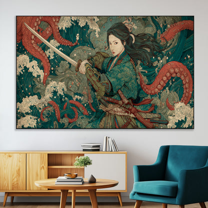 Tsukioka Yoshitoshi Samurai Wall Art Print, Japanese Katana Warrior Canvas Wall Art, Octopus Sea Monster Canvas Print,