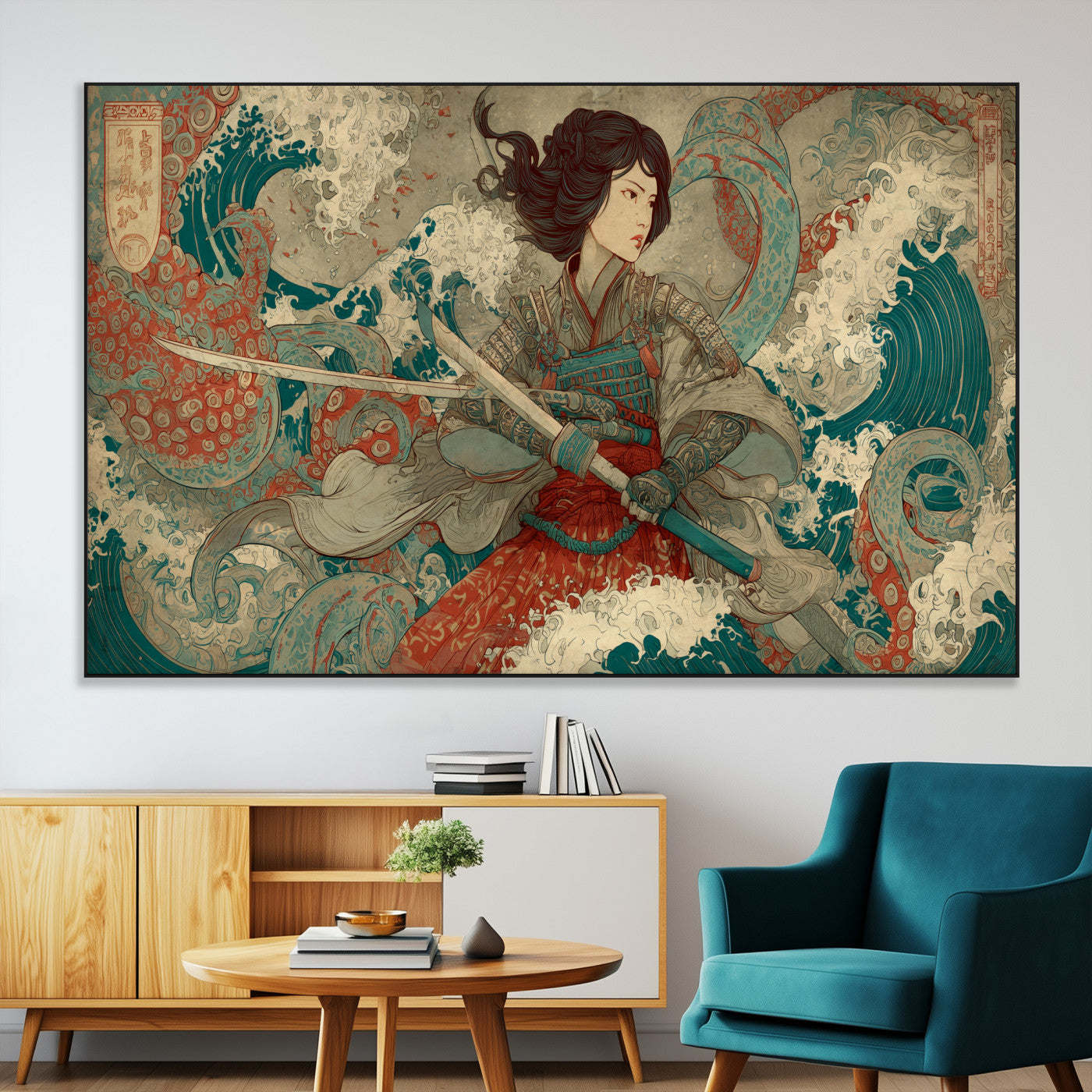 Tsukioka Yoshitoshi Samurai Wall Art Print, Japanese Katana Warrior Canvas Wall Art, Octopus Sea Monster Canvas Print,