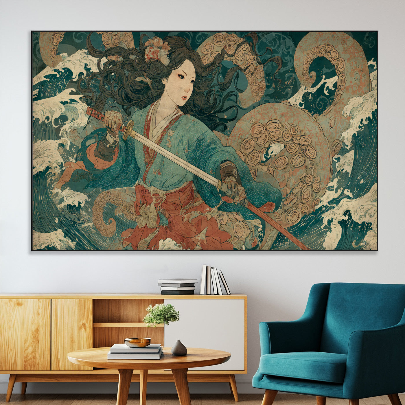 Tsukioka Yoshitoshi Samurai Wall Art Print, Japanese Katana Warrior Canvas Wall Art, Octopus Sea Monster Canvas Print,