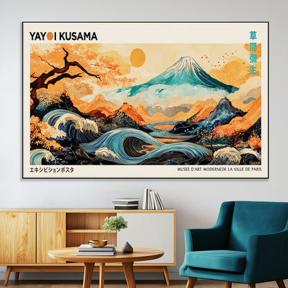 Modern Japanese-style art print featuring a stylized Mount Fuji, flowing waves, and vibrant landscapes in bold colors, inspired by traditional and contemporary aesthetics.