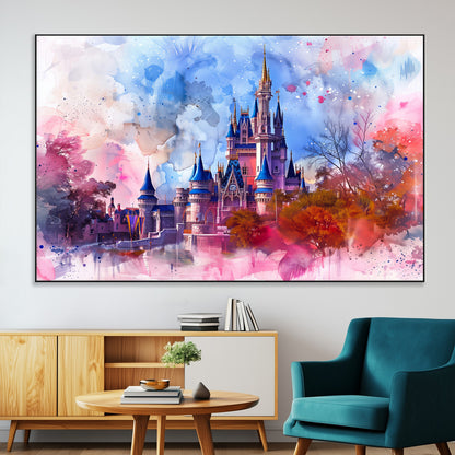 Watercolor canvas of a dreamy Disney-style castle in pastel pink and blue tones, perfect for fairytale or whimsical home decor.