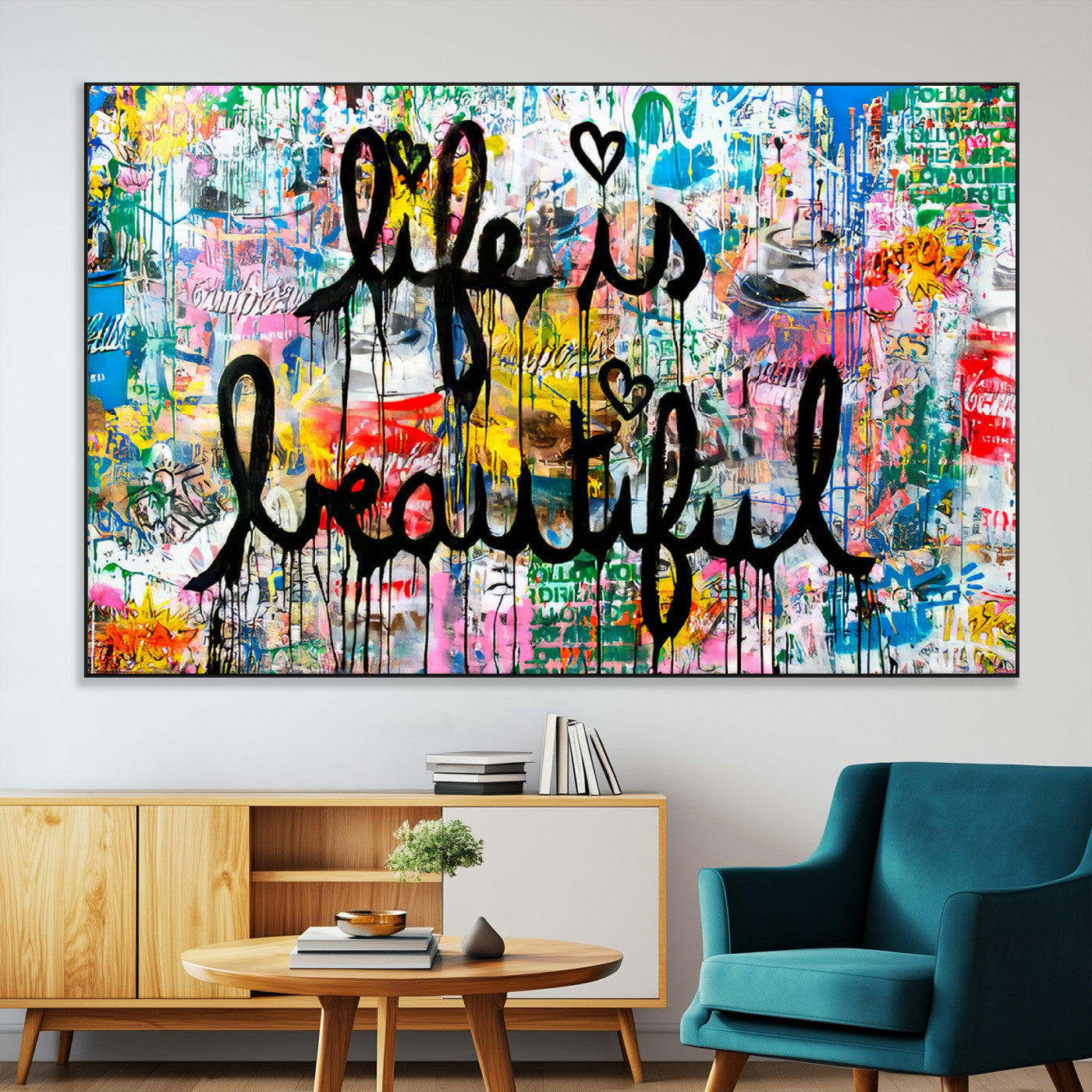 Colorful urban-style canvas with graffiti text “Life is Beautiful” in black paint, ideal for bold or street-themed home decor.