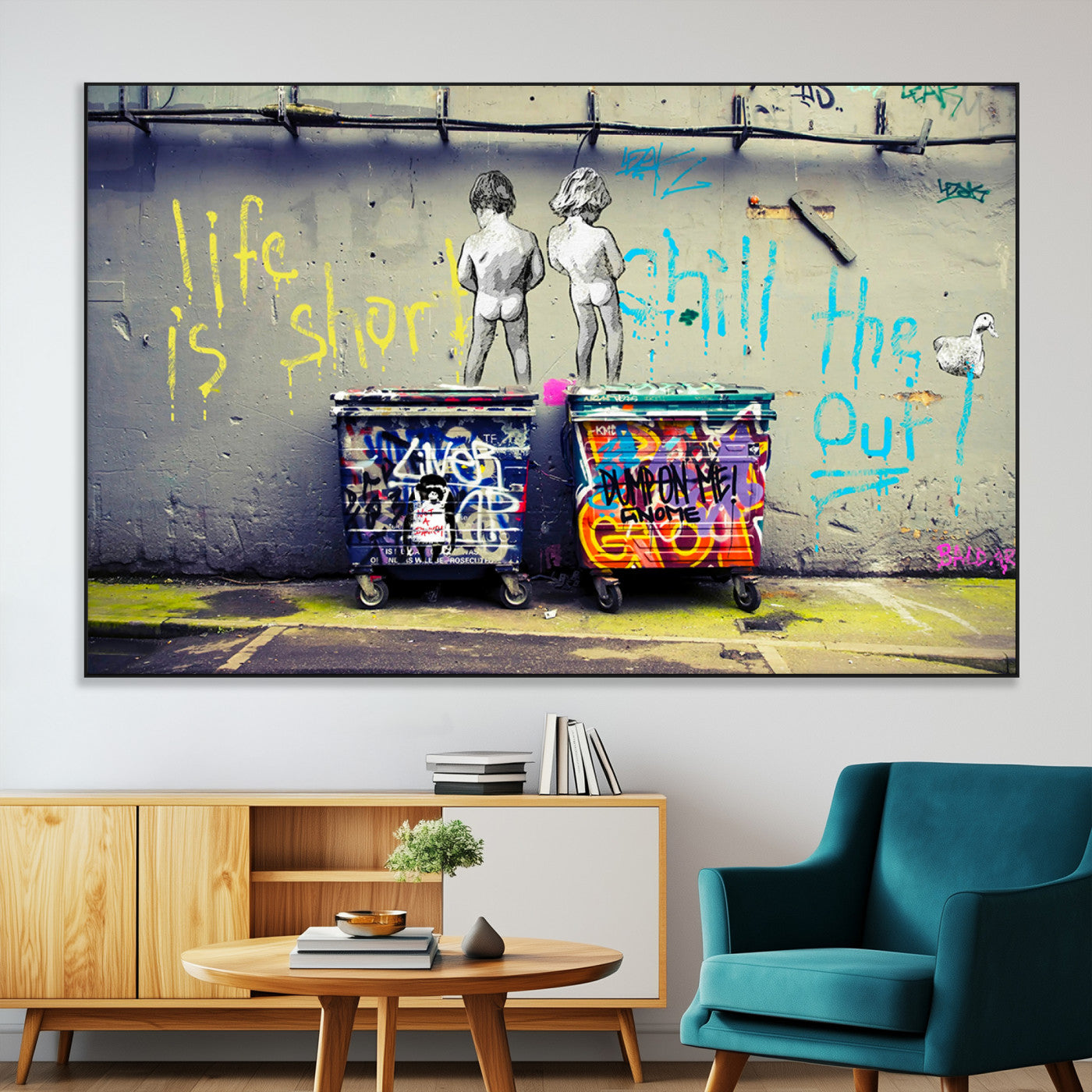 Graffiti-style canvas art with bold text and two naked figures over urban dumpsters, ideal for edgy or street-style decor.