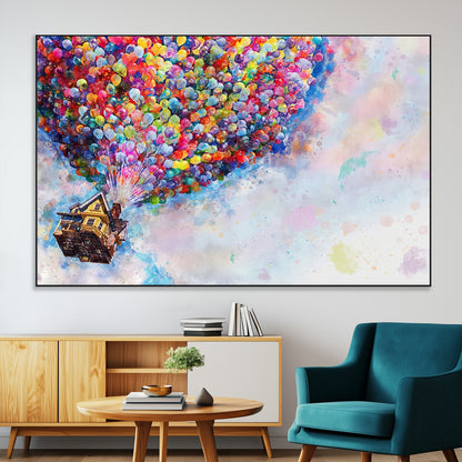 Whimsical canvas of the house from the movie Up flying with colorful balloons, ideal for Pixar or animation-themed decor.