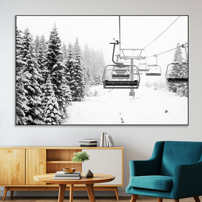 Black and white canvas of empty ski lifts over a snowy pine forest, perfect for minimal winter or ski lodge-inspired decor.