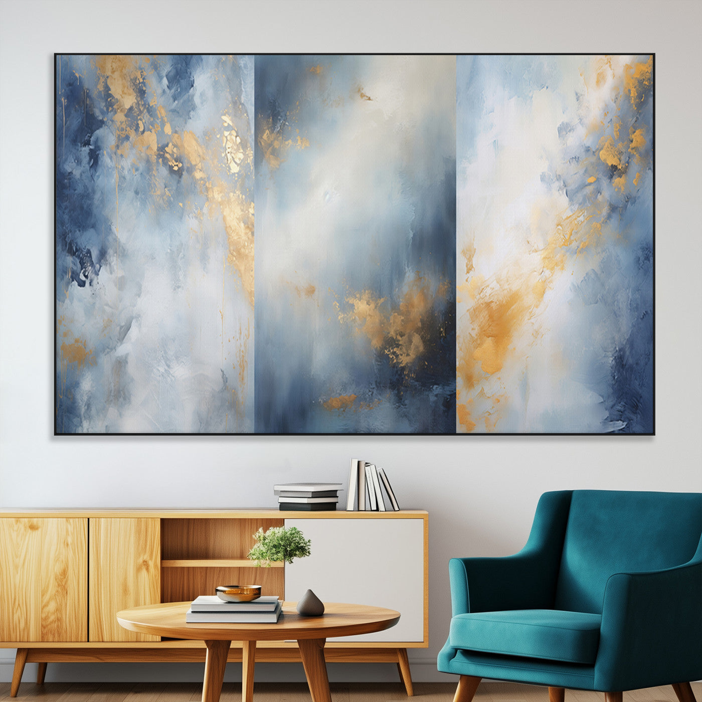Abstract canvas art in soft blue and gold tones with textured brushstrokes, ideal for elegant or modern neutral decor spaces.