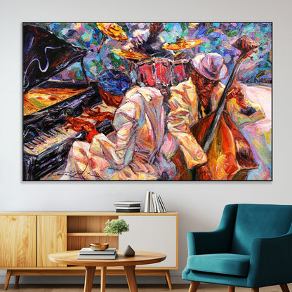 Vibrant oil painting of a jazz band with piano, saxophone, and bass, ideal for colorful and expressive music-themed home decor.