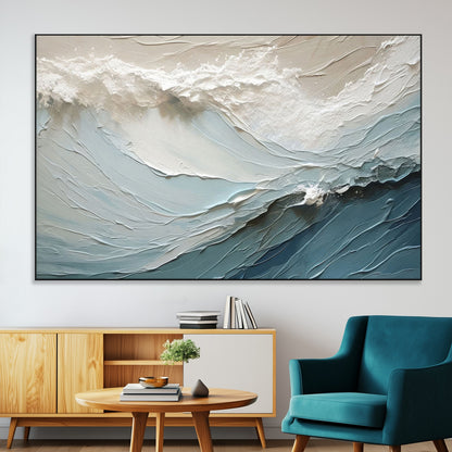 Textured canvas of ocean waves in soft coastal blues and creamy whites, ideal for modern or minimalist coastal-style interiors.