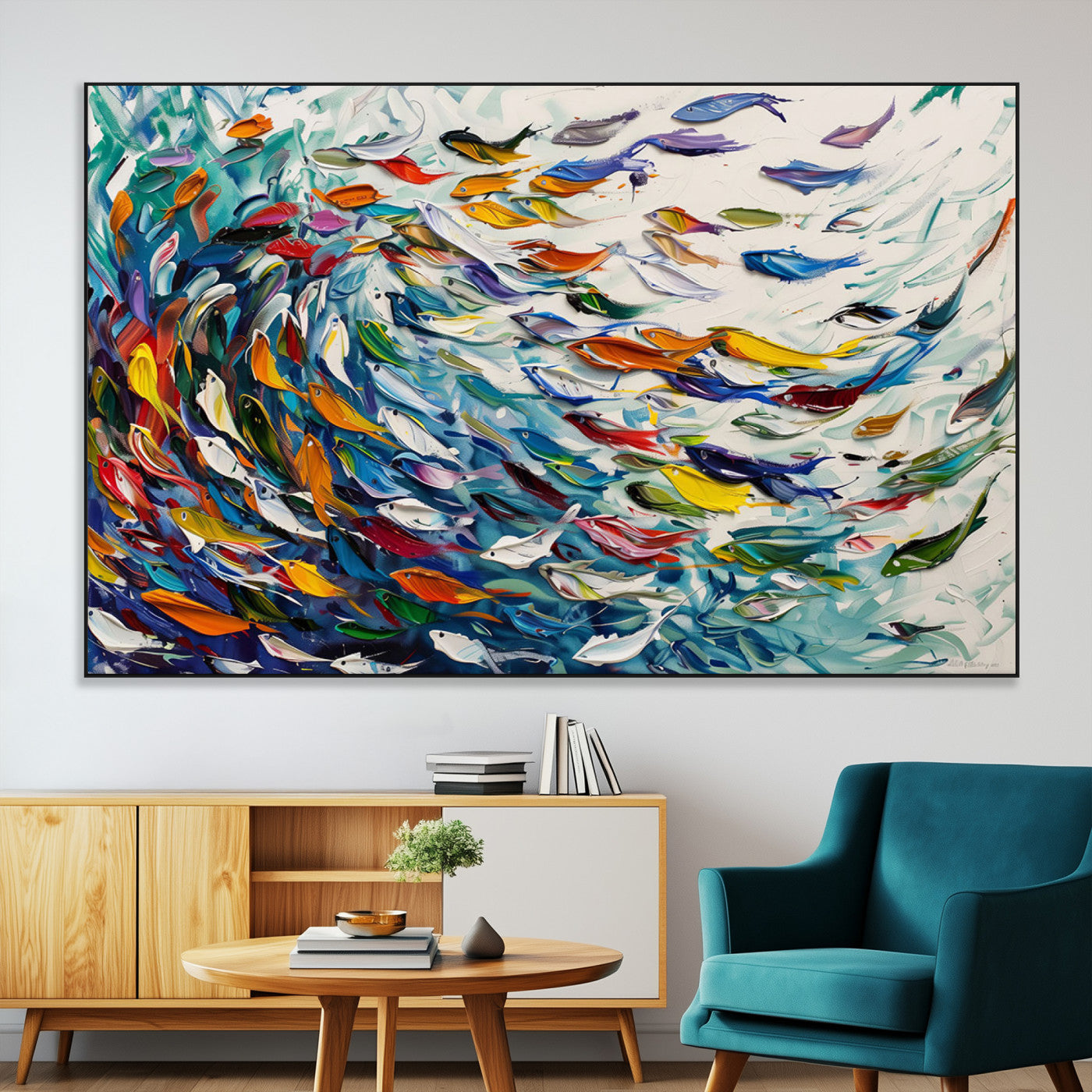 Vibrant canvas art of swirling colorful fish in motion, ideal for modern coastal or ocean-inspired home decor.