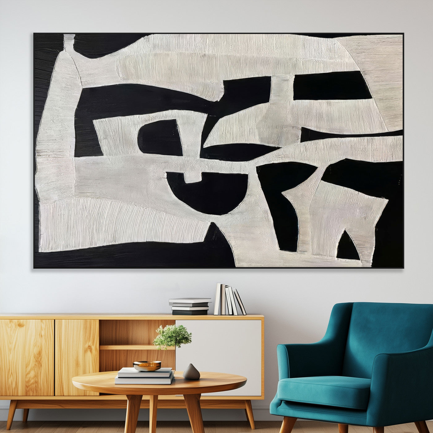 Minimalist black and white canvas featuring bold abstract textures and geometric shapes, ideal for modern neutral decor.