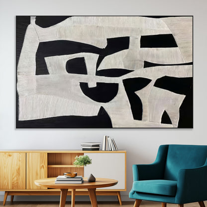 Minimalist black and white canvas featuring bold abstract textures and geometric shapes, ideal for modern neutral decor.