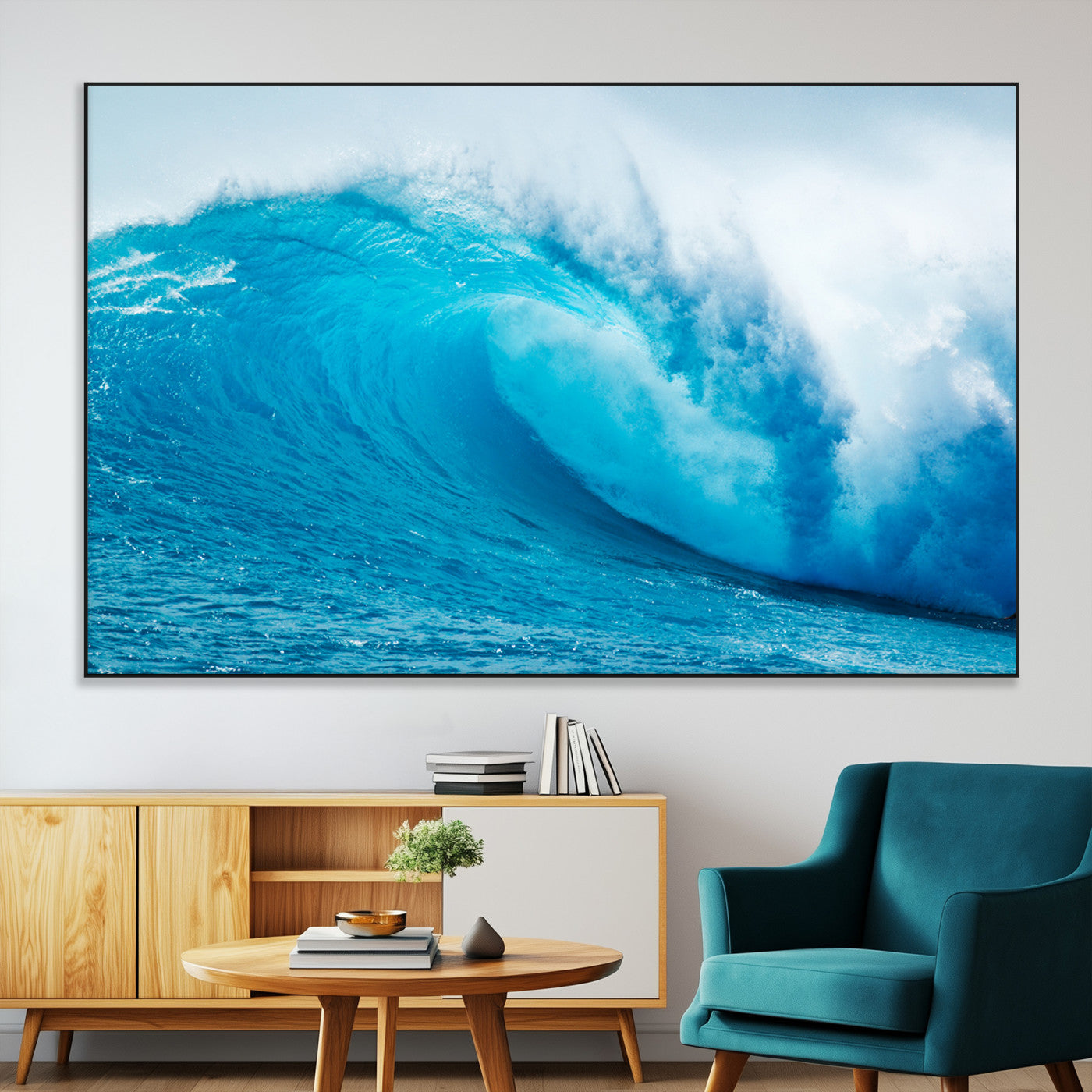 Vibrant canvas of a powerful curling ocean wave in tropical blue tones, perfect for coastal or surf-inspired decor settings.