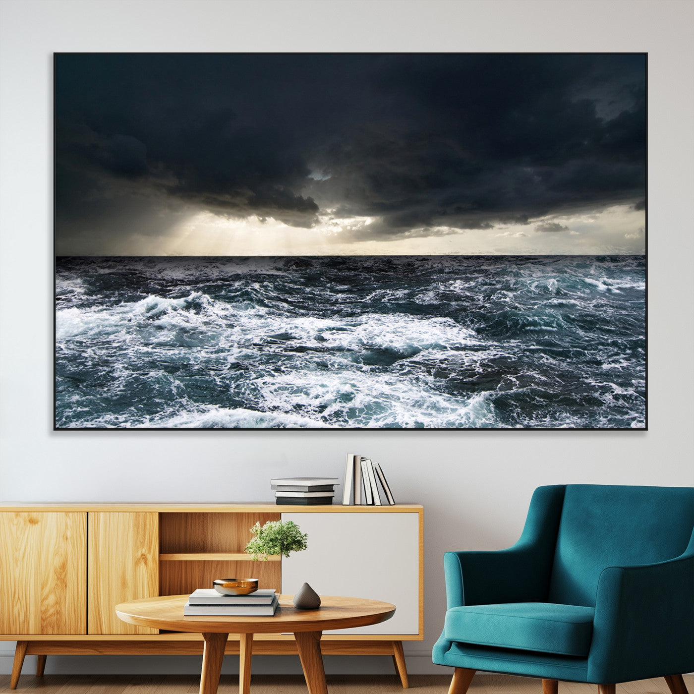 Moody ocean scene with stormy skies and crashing waves, perfect for dramatic or coastal-style home wall decor.