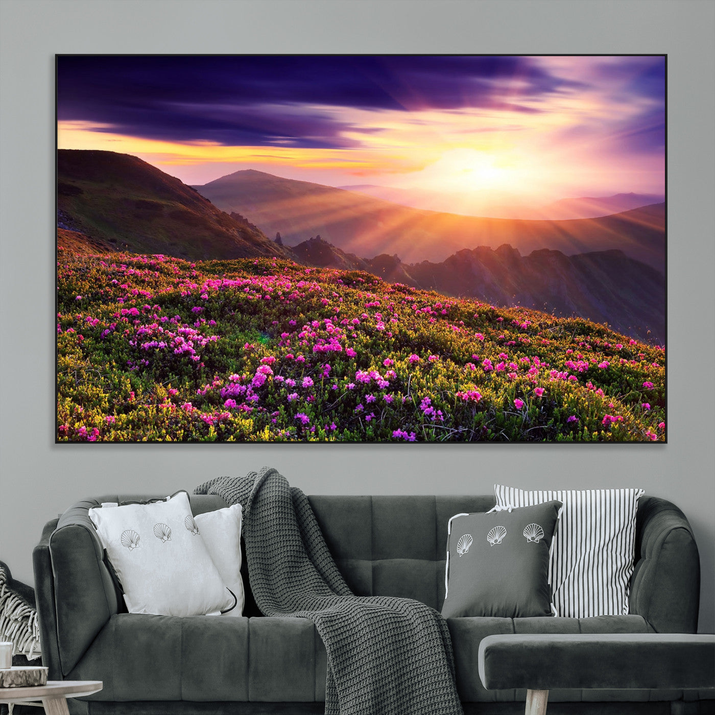 -Mountain Sunrise Wall Art – Vibrant Floral Landscape Canvas Print, Nature Home Decor for Living Room, Bedroom Office or Cabin