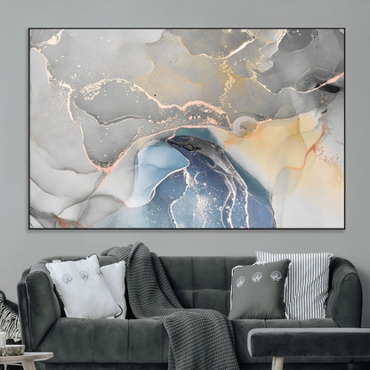 -Abstract Fluid Art Wall Decor – Blue, Gray & Gold Canvas Print, Modern Home and Office Wall Art Decor for Living Room, Bedroom or Workspace