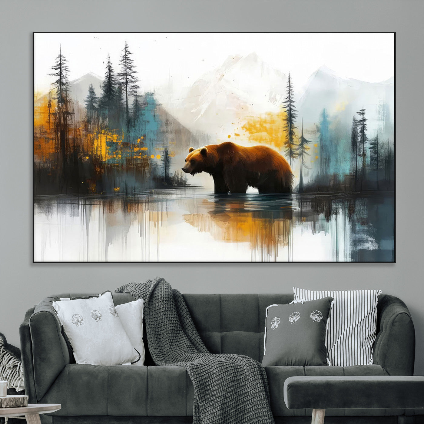 A majestic bear stands by the serene waters of a misty forest, surrounded by towering trees and distant mountains, evoking the raw beauty and wild spirit of nature.