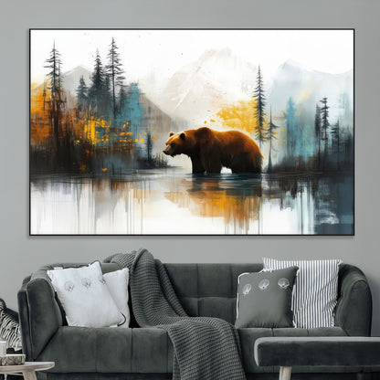 A majestic bear stands by the serene waters of a misty forest, surrounded by towering trees and distant mountains, evoking the raw beauty and wild spirit of nature.
