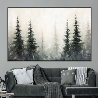Soft and misty pine forest painting in neutral earthy tones, ideal for calm woodland or minimalist rustic home decor.