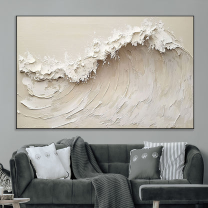Textured canvas of an abstract white ocean wave in neutral tones, ideal for modern coastal or minimalist home decor.