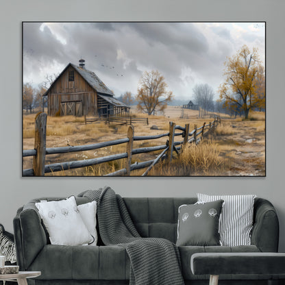 A tranquil rural scene featuring a rustic barn, overcast skies, and golden fields with scattered trees, evoking a sense of peaceful solitude in nature.
