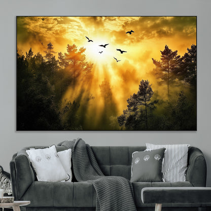 Canvas of a golden forest at sunset with birds flying through glowing sunbeams and silhouetted pine trees, ideal for warm-toned rustic decor.