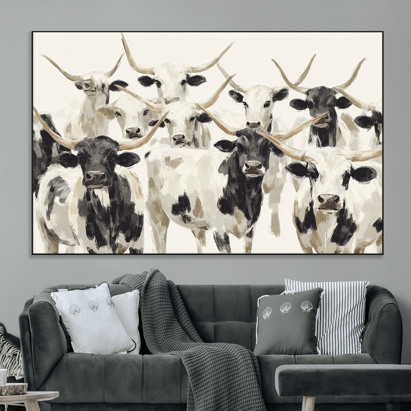 Canvas of a Texas Longhorn cattle herd in neutral black and white tones, ideal for rustic farmhouse or western-themed decor.